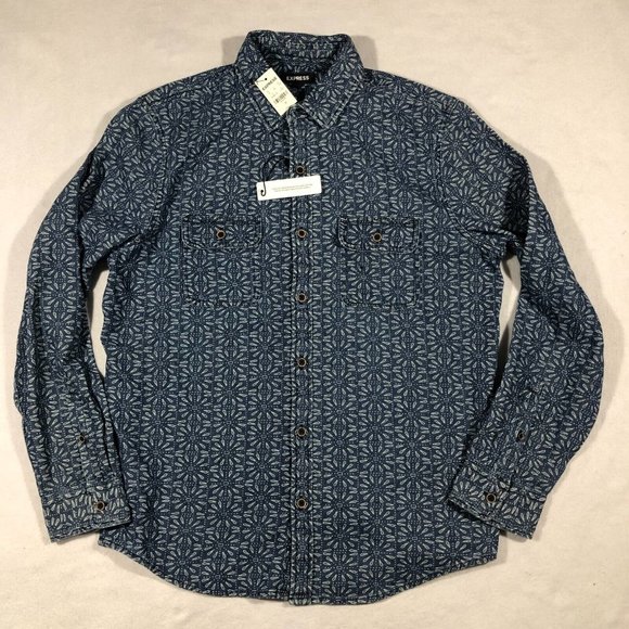 Express Other - NEW Express Mens Medium Chambray Button Front Shirt Geometric Floral NWT $59.90